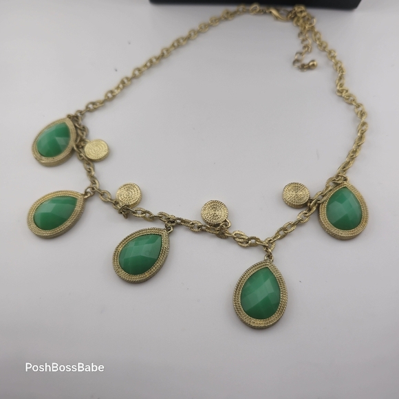 Gold & Green Stone Teardrop Charm Necklace - 16.5"-19.5" - Picture 8 of 8